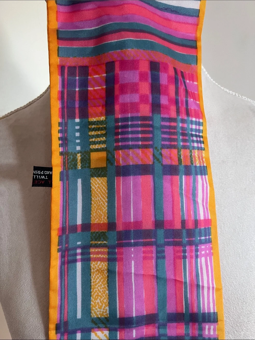 Vintage Colorful Plaid Silk Scarf Twill Orange Yellow Pink Teal Head/Neck Scarf